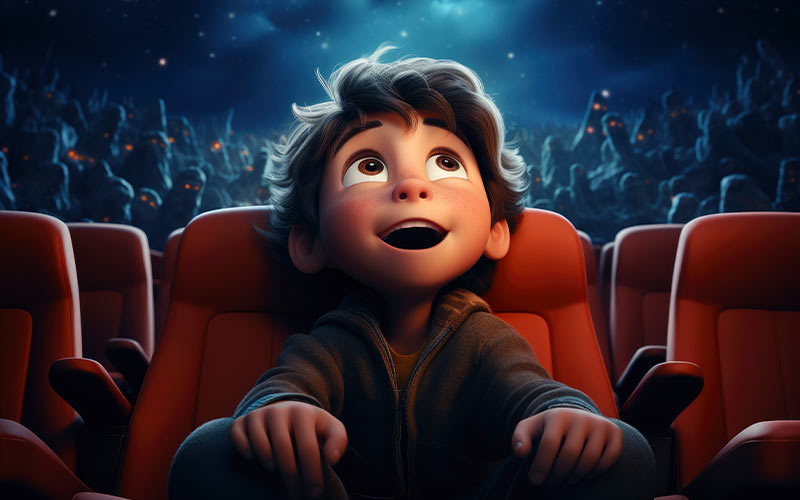 a little boy in threatre watching movie animated