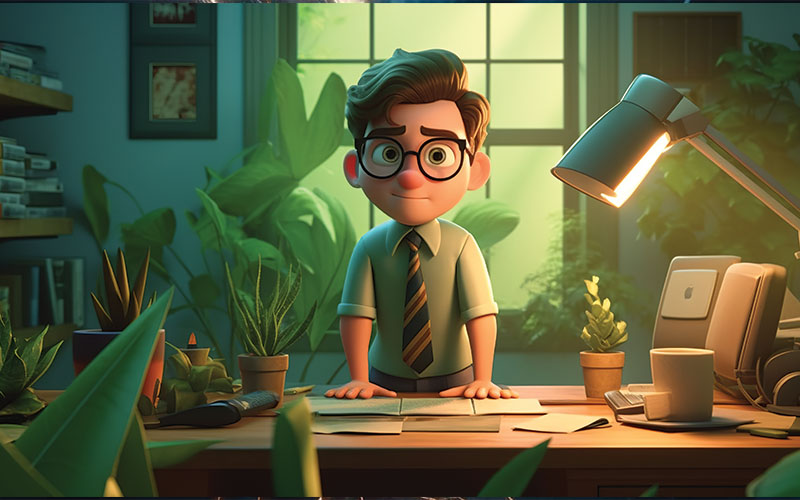 A cartoon character sitting at a desk with a lamp and plants, creating a cozy and productive workspace.