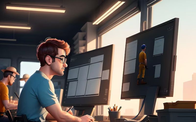 animated guy working on computer with a human figure on screen