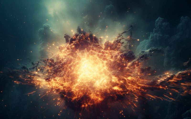 Explosive fireball ignites abstract galaxy backdrop in futuristic special effect