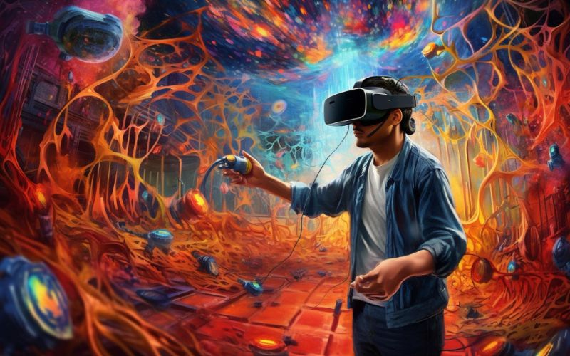 A man immersed in virtual reality, wearing a headset, against a vibrant backdrop.