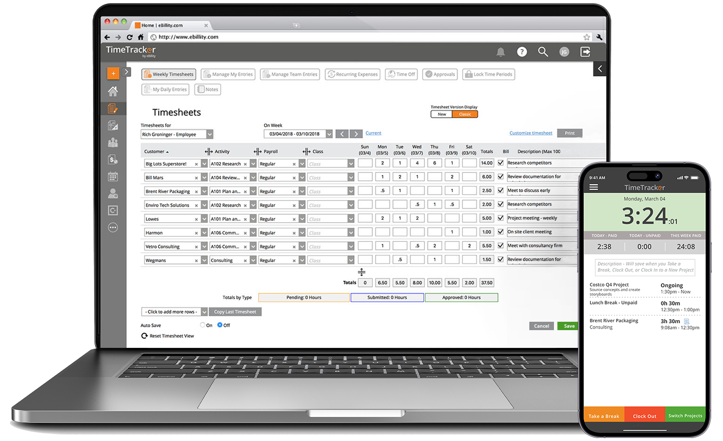 digital timesheets and time card devices